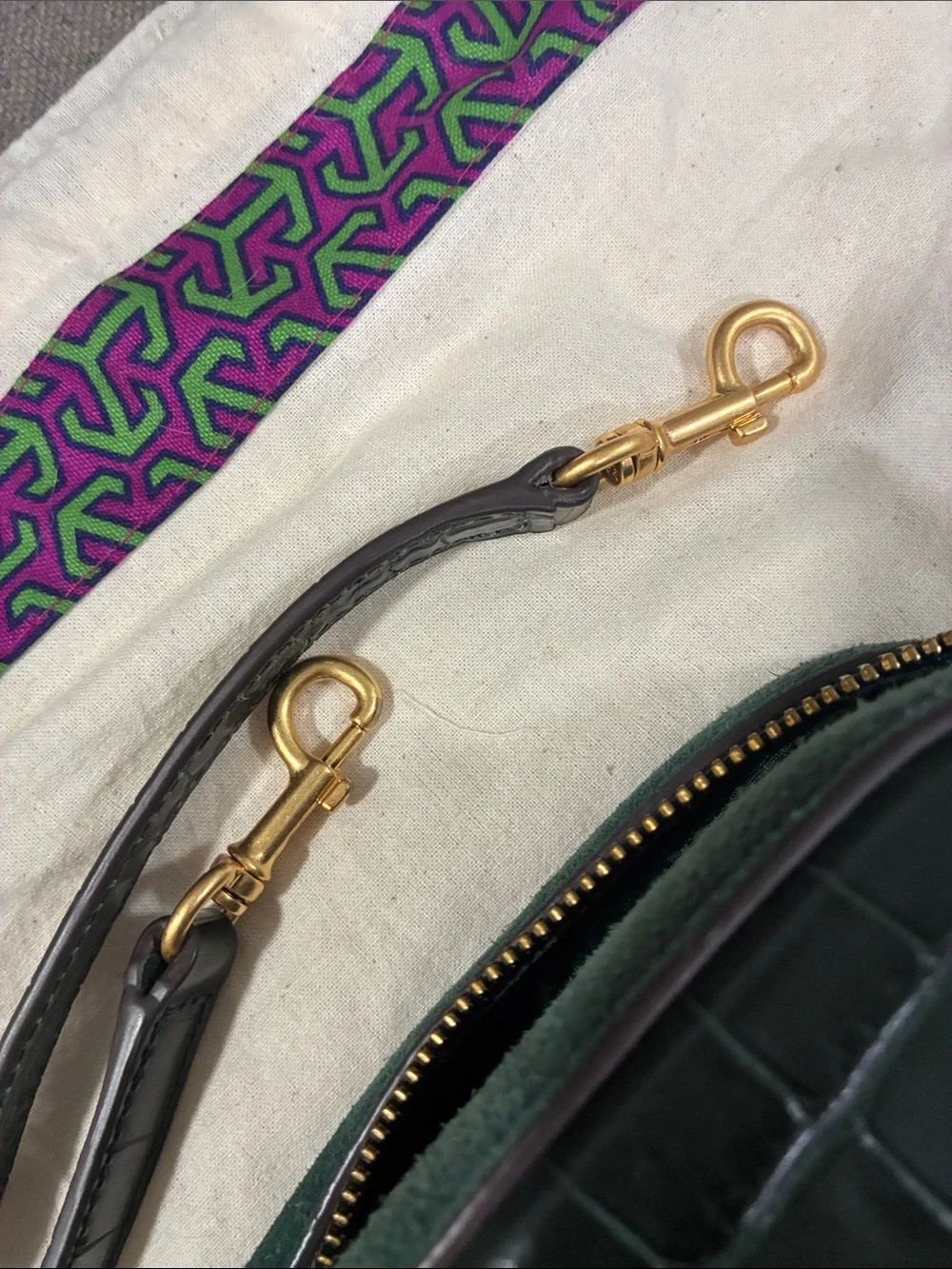 Tory Burch Forest Green Croc-Embossed Camera Bag with Gold Logo